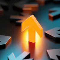 a lit up arrow in orange pointing uppward surrounded by other arrows laying on a table