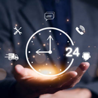 an overlay of a clock with hands pointing to 12 and 9 with 24 and various icons that is all overlayed infront of a person holding their hand up lit in the palm